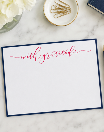 Luxury with gratitude raised ink note cards featuring pink calligraphy and navy border on premium triple-thick paper with white envelopes.