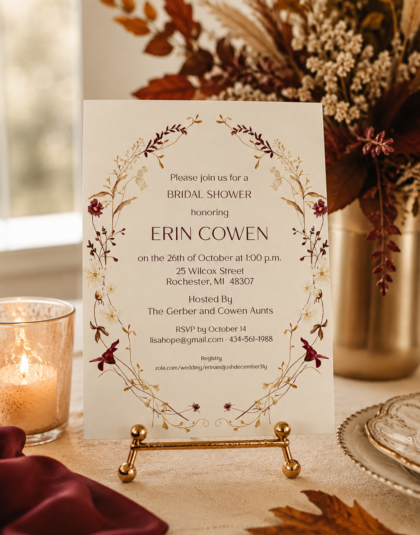Fall Wildflowers Bridal Shower Invitation with watercolor autumn florals