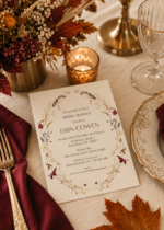 Autumn floral bridal shower invitation with burgundy fall wedding decor