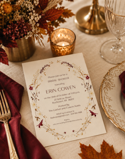 Autumn floral bridal shower invitation with burgundy fall wedding decor