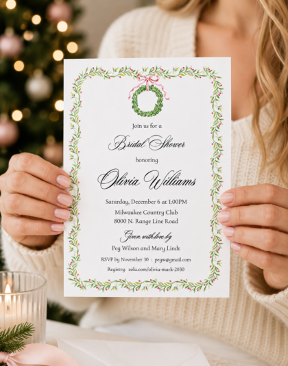 Christmas bridal shower invitation held in hands with holiday décor