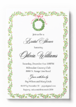 Christmas bridal shower invitation with pink holly wreath watercolor design