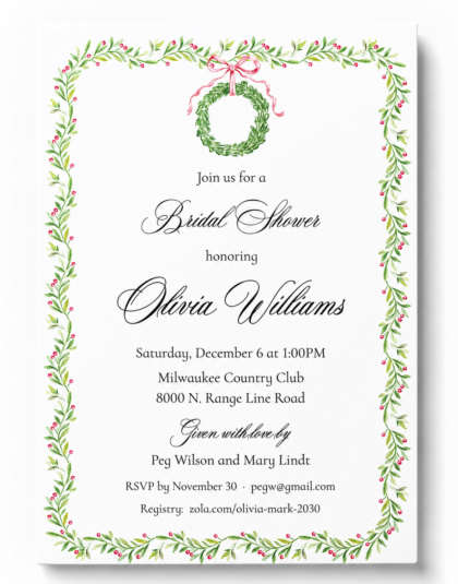 Christmas bridal shower invitation with pink holly wreath watercolor design