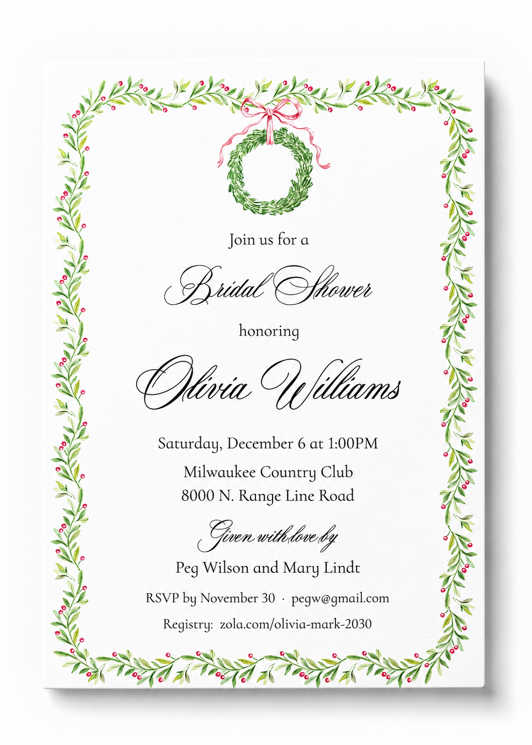 christmas-bridal-shower-invitation-pink-holly-wreath.webp Christmas bridal shower invitation with pink holly wreath watercolor design