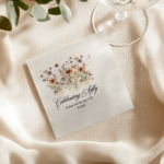 Personalized floral bridal shower cocktail napkin displayed on a neutral linen table setting