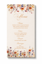 Elegant Fall Floral bridal shower menu card featuring watercolor autumn florals on a white background.