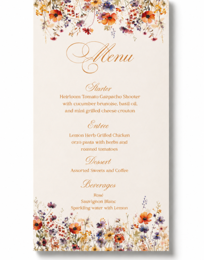 Elegant Fall Floral bridal shower menu card featuring watercolor autumn florals on a white background.