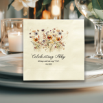 Personalized cocktail napkin with wildflower design displayed at a bridal shower place setting