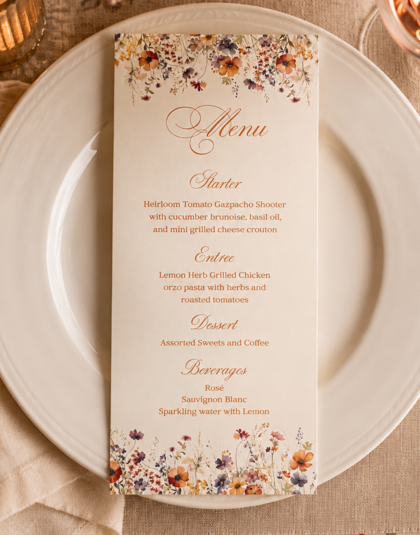 fall floral menu card with fall wildflowers