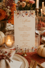 Fall Floral bridal shower menu displayed on an elegant autumn tablescape with candles, pumpkins, and gold accents.