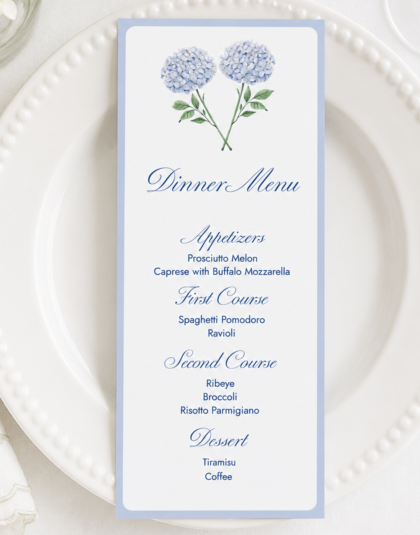 hydrangea menu card custom printed