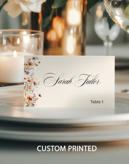 Personalized Fall Floral place card displayed on an elegant dinner plate