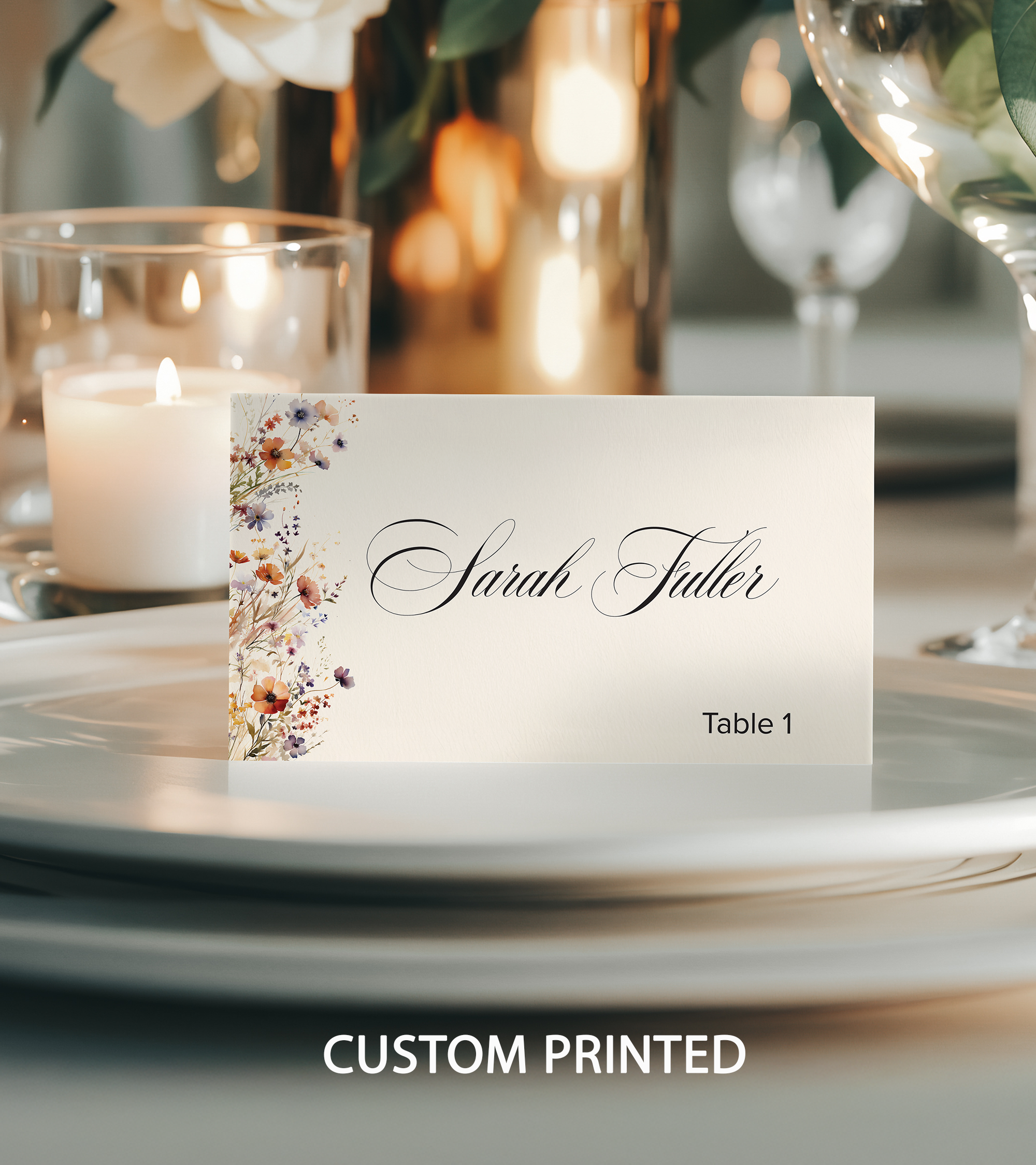Personalized Fall Floral Place Cards Personalized Fall Floral place card displayed on an elegant dinner plate