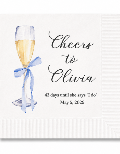 Personalized Champagne Glass with Blue Bow Cocktail Napkins