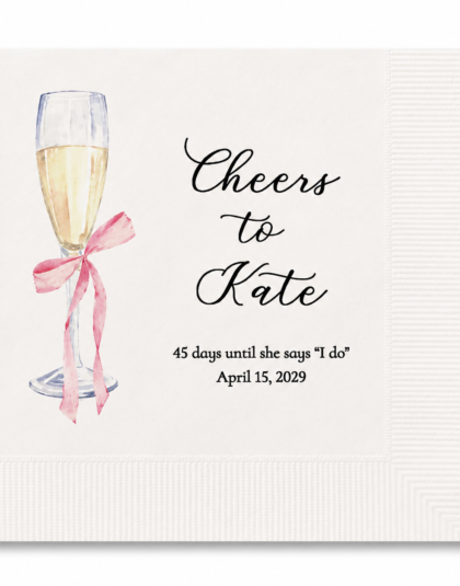 Personalized Champagne Glass with Pink Bow Cocktail Napkins