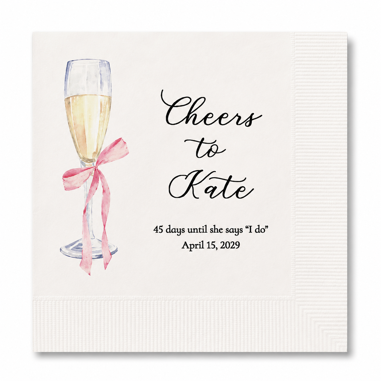 champagne-glass-pink-bow-main.webp Personalized Champagne Glass with Pink Bow Cocktail Napkins