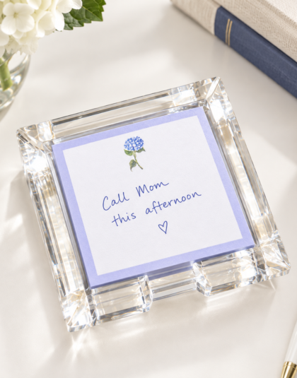 hydrangea post it notes in an acrylic holder